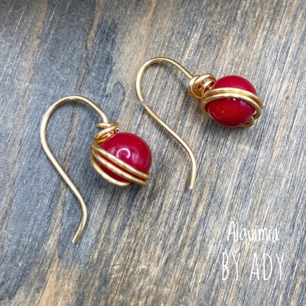 14k gold coral drops earrings/ long dangle coral spheres/ - Picture 2 of 5